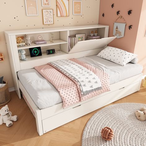 Canapé-lit 90x200 cm avec lit gigogne 90x190 cm, cadre blanc avec rangement au dos, niche ouverte et coffre rabattable, station USB/USB-C, sommier inclus (sans matelas)