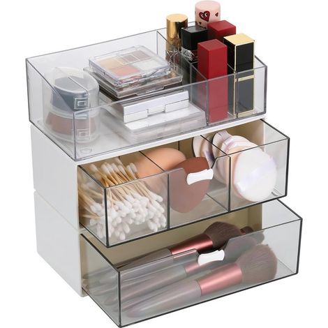 Caja organizadora de maquillaje de tres piezas, de acrílico con cajones, solución duradera para cosméticos, perfumes y brochas. (1/5)