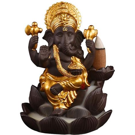 Brûleur d'encens à reflux en céramique représentant Ganesh, dieu éléphant doré (1/4)