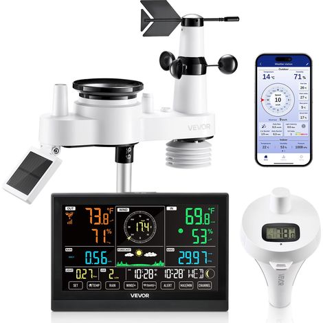 Station Météo Sans Fil WiFi 7 en 1, Station Météo Solaire Intérieur Extérieur, avec App, Écran VA 190,5 mm, Capteur, Thermomètre de Piscine, Humidité, Précipitations, Vitesse et Direction Vent (1/5)
