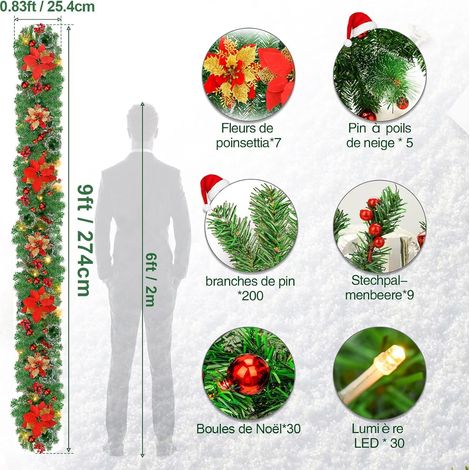 Natale, ghirlanda per albero di Natale da 2,7 m con luci, decorazioni natalizie, adatta per porte, finestre, scale, caminetti (1/4)