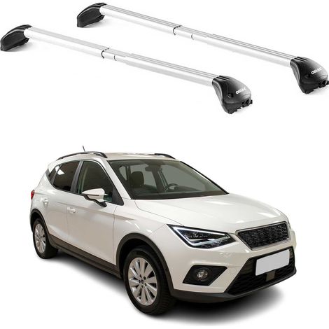 OMAC Barres de toit transversales certifiées TÜV pour Seat Arona 2017-2026 – Verrouillables (4 antivols) – Charge max 100 kg – Sangle inox + protection caoutchouc Argent (1/3)