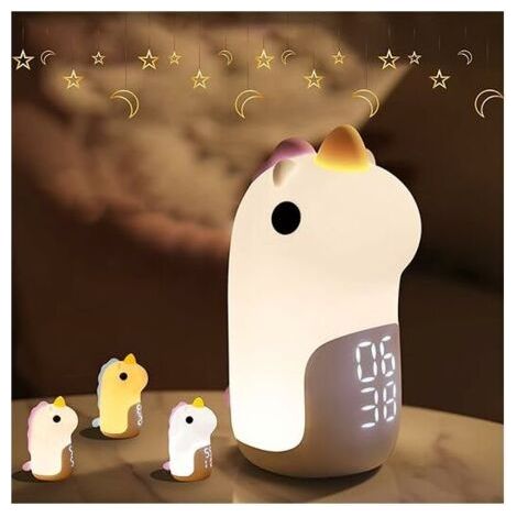 Despertador Infantil Recargable LED 3 Colores con Forma de Unicornio, Lámpara Nocturna Día/Noche para Niños y Adolescentes (Lila) (1/5)