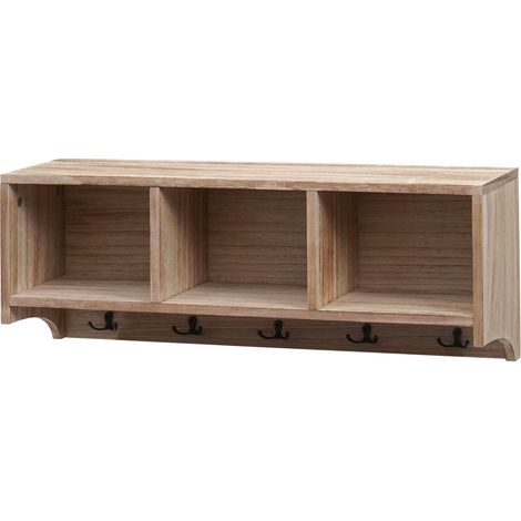 Estantería de pared HHG-412, perchero Perchero de pared Estantería, 3 compartimentos 5 ganchos 30x80x20cm madera, marrón natural