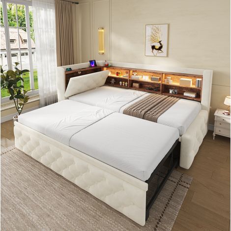 Schlafsofa 90x190 cm Beige aus Samt mit Stauraum, LED-Beleuchtung, USB- und Type-C-Anschluss (1/5)