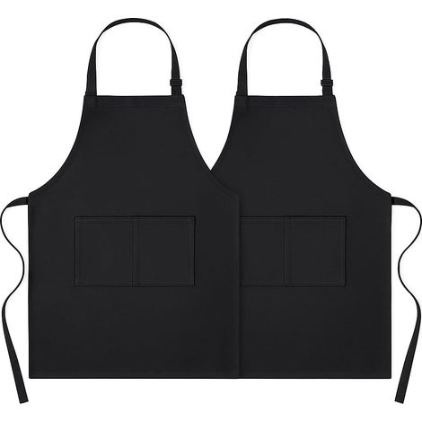 – Tabliers de chef noirs – 100% coton robuste 240 g/m², durable et naturellement résistant au feu – Tabliers de cuisine ajustables avec 2 poches pour hommes, femmes, bouchers, barbecue 2psc (1/5)