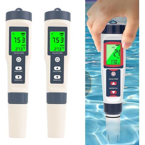 2 Wasserqualitäts-Teststifte, Pool-Salztester, Tester für freies Chlor, digitaler Chlor-pH-Tester (1/5)