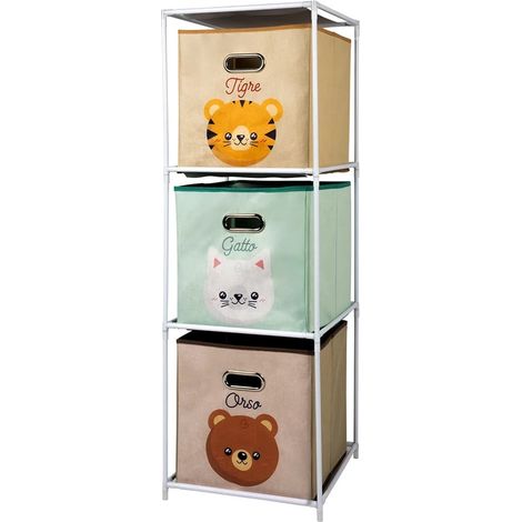 TrAdE Shop Traesio - Set 3 Contenitori Cubi Salvaspazio In Ferro Tessuto Con Stampe Animali Cameretta Bambini - (1/3)
