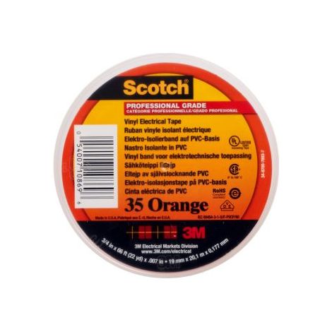 Ruban isolant 3M Scotch 35 Vinyl Electrical Color Coding Tape en Vinyle Orange 20m x 19mm x 0.18mm ( Prix pour Boîte de 20 )