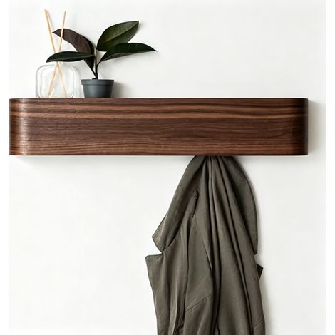 Porte-manteau mural bois chêne foncé avec crochets cachés, panneau en placage de bois massif design moderne (1/5)