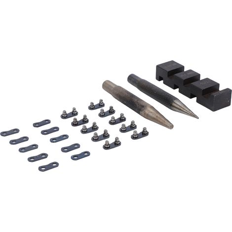 Kit de dérive-chaîne portable pour tronçonneuse : enclume et poinçon, 10 sangles de réparation préréglées, compatible avec les pas de chaîne 1/4, 3/8, 325 et 404. (1/5)