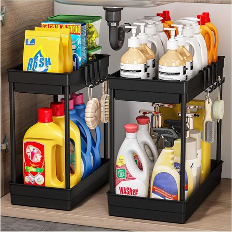 Lot de 2 étagères sous évier - rangement et organisation de la cuisine, étagère sous évier à 2 niveaux, solution de rangement multifonctionnelle pour la cuisine et la salle de bain, noir (1/5)