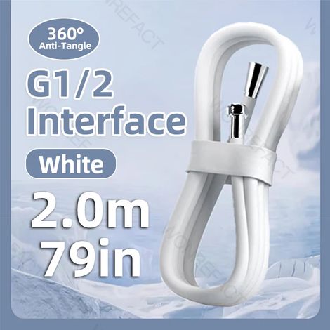 Pommeau de douche haute pression (blanc, 2 m) avec bouton d'arrêt unique, réglable, économe en eau, douchette universelle pour salle de bain (1/5)