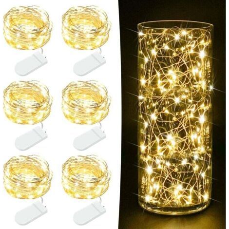 Confezione da 6 lucine a batteria - 2 m, 20 LED, mini lucine a filo di rame scintillanti per barattoli di vetro, fai da te, feste di matrimonio, bianco caldo