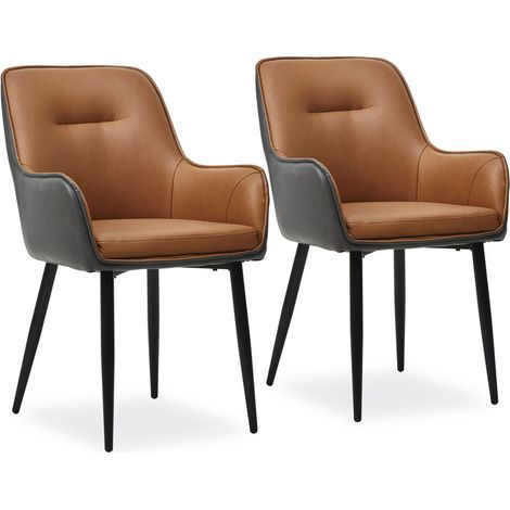 Dining Chairs Set of 2 Brown Grey Faux Leather Padded Kitchen Chair Occasional Accent Chairs with Backrest and Metal Legs, Lounge Living Room Reception Chairs (1/5)