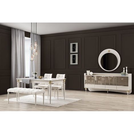 Azura Home Design – Salle à manger complète PANTHÈRE blanc et doré – Table extensible 160/202,6 x 95 x 78 cm – Buffet 203,5 x 45 x 55,5 cm – 2 chaises et 1 banc (1/5)