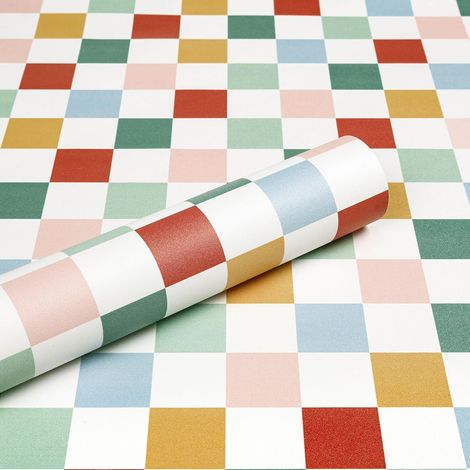 44.5CMx7M Papier Peint Motif Geometrique à Damier Coloré Papier Peint Adhesif pour Meuble Armoire Tiroir Couleur Film Autocollant Credence Cuisine Papiers Peints Carreaux Blanc (1/5)
