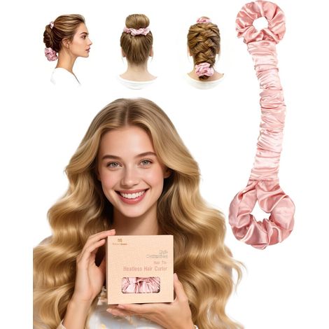 Fer à friser large en satin pour cheveux longs et épais – avec élastique intégré, crée des boucles rose crémeuses sans chaleur. (1/5)