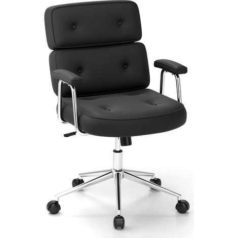 COSTWAY Office Chair PU Leather Upholstered Desk Chair Button Tufted Back-Black