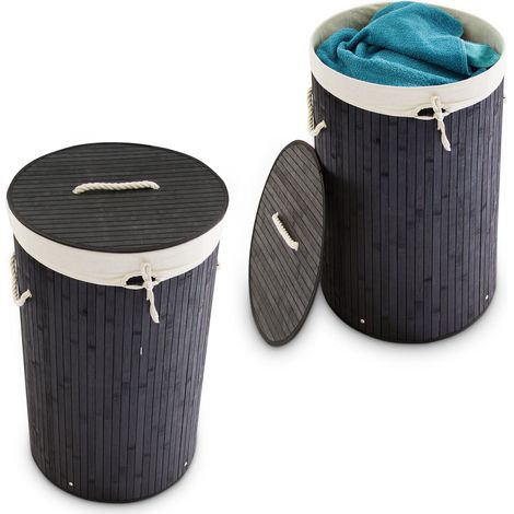 Relaxdays, 2x Bamboo Laundry Baskets, Foldable Hamper with Lid, 70L, Cotton Bag and Side Handles, HxØ: 65 x 41 cm, Black
