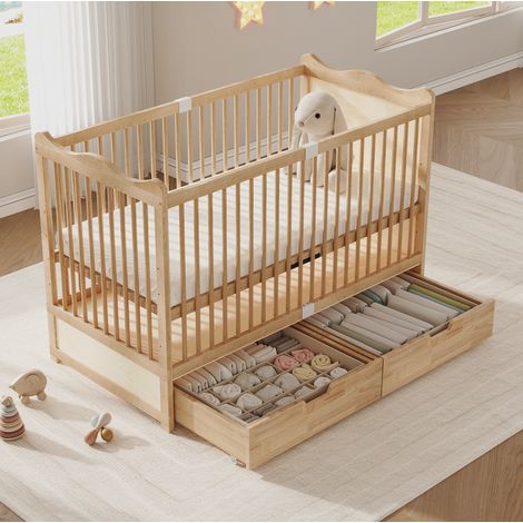Lit bébé 70x140 cm à sommier réglable 4 hauteurs, 2 tiroirs sur roulettes, pin massif naturel (1/5)