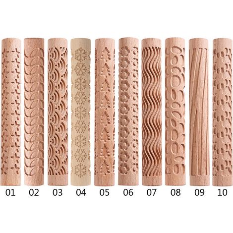 Embossing Rolling Pin - Wooden 3D Christmas Pattern Roller for Fondant and Dough - Snowflake Star Pine Tree Design - 15 x 2 cm - 1 Piece (1/2)