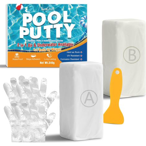 Mastic Époxy pour Piscine 340g, Bi-Composant Mastic pour Piscine, Colle Réparation Rapide de Fissures et Fuites, Sous l'Eau et au-dessus de l'Eau, pour Carrelage, Ciment, Métal, Plastique (Blanc) (1/5)