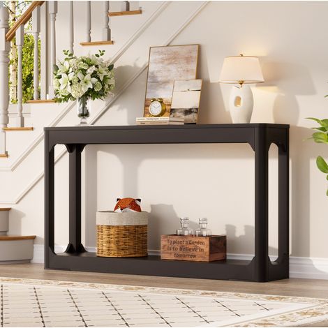 Table console 140 cm avec rangement, 2 niveaux, MDF, noire OKMYHOME (1/5)