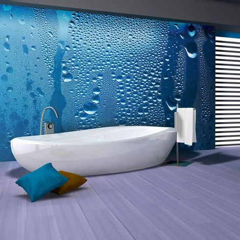 Papier peint gouttes d'eau sur verre bleu - 250 x 193 cm (1/4)