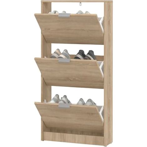 Scarpiera Melle, Mobile Portascarpe 3 Ripiani, 3 Ante, Maniglie Incluse, 58x18x119h cm Marrone Rovere Chiaro