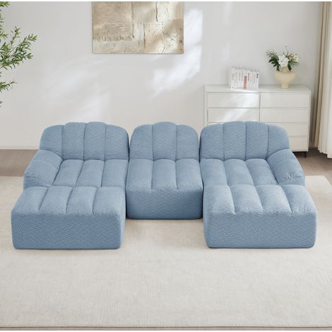 Canapé modulable U 3 places avec 2 ottomans, mousse haute densité 32D, tissu doux bleu, REDOM (1/5)