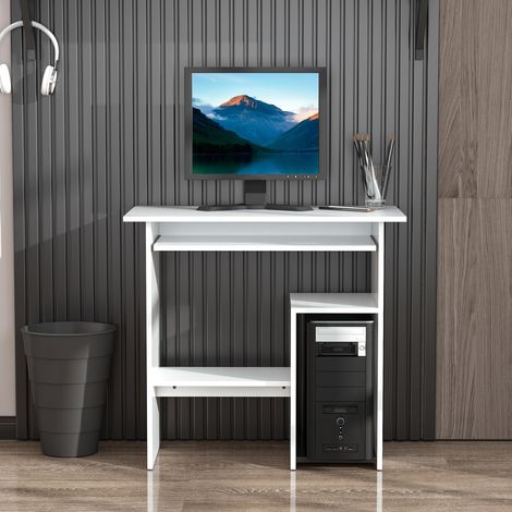Escritorio para el hogar y la oficina que ahorra espacio, escritorio moderno para ordenador, soporte para PC, estante para CPU y bandeja extraíble de madera para teclado, 80x45x75cm, blanco (1/5)
