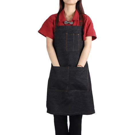 Tablier de travail unisexe en denim avec poches, idéal pour le dessin, la peinture, la restauration et le service en café (noir) (1/5)