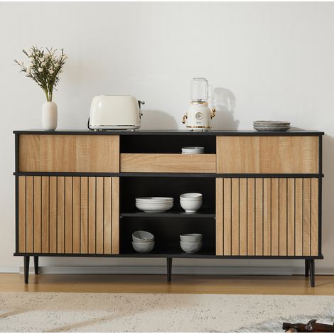 Buffet 160x40x80 cm noir et décor chêne en panneaux de particules avec 4 portes coulissantes et 1 tiroir (1/5)
