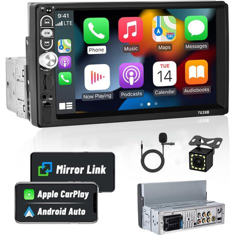 Autoradio 1 Din Bluetooth 5.1 à 7 Pouces écran Tactile HD Soutien Lien Miroir pour iOS/Android Radio FM EQ USB SWC +Caméra de Recul+Microphone Externe (1/5)