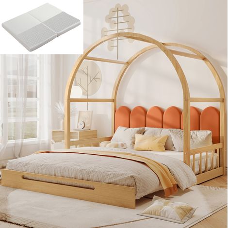 Lit cabane extensible en bois naturel 140x200 cm avec coussin tête de lit, protection 3 côtés et matelas inclus (1/5)