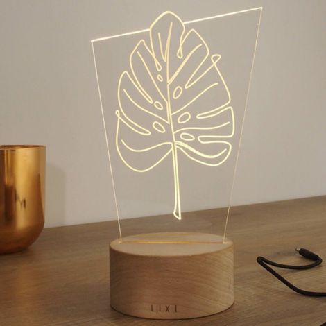 Lampe LED Monstera avec Socle en Bois de Hêtre Massif Naturel et Câble USB 150 cm - PANGIVO (1/5)
