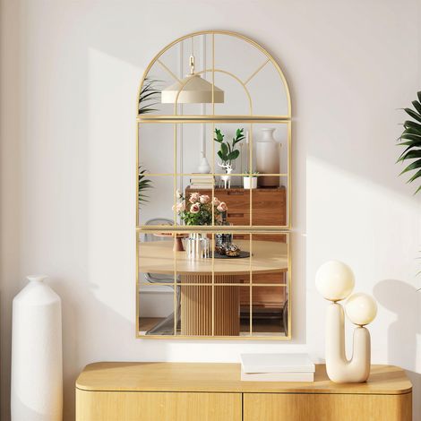 Lot de 3 miroirs muraux arqués imitation fenêtre cadre métal doré 76 x 150 cm, décoration murale salon entrée (1/5)