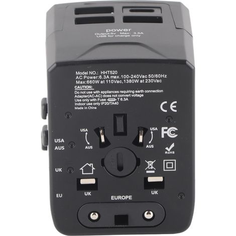 Universal-Reiseadapter, internationaler Steckerkonverter 110–250 V, 3 USB- und USB-C-Anschlüsse, Ladegerät mit Mehrfachsteckdose, Schwarz (1/5)