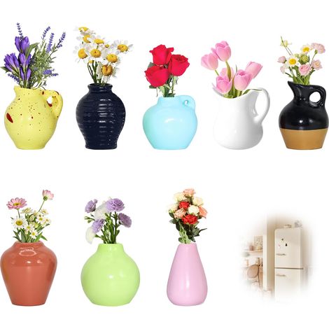 Lot de 8 mini aimants de vase en céramique pour réfrigérateur - Mini vase magnétique 3D - Aimants de réfrigérateur pour la cuisine, la décoration de bureau (sans fleurs séchées en plastique) (1/5)
