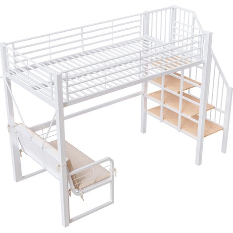 Letto a soppalco in metallo 90 x 200 cm bianco con divano rimovibile e scala contenitore (1/5)