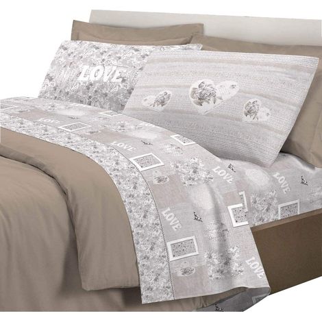 Completo letto lenzuola, parure, fantasia romantica 100% cotone, made in italy Grigio - Piazza e mezza