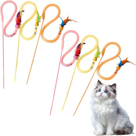 6 Pièces Jouet Chat Interactif, Chat Baguette Jouet Ensemble, Teaser Amusant pour Chatons, avec des Cloches et des Plumes Colorées (1/5)