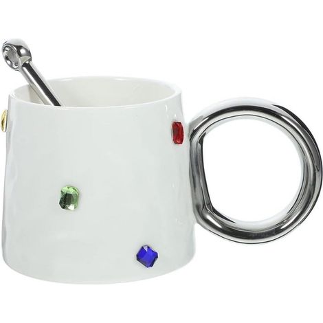 Grande tasse à café avec mélangeur - 360 ml - Tasse à thé en céramique avec pierre précieuse artificielle - Cadeau pour mère, amie, fille, collègue (blanc) (1/5)