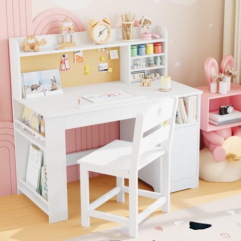 Bureau enfant avec chaise inclinable tiroir armoire panneau d'affichage ergonomique bois 3-12 ans 105×60×13,5 cm