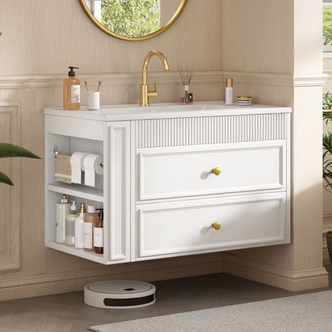 Meuble de salle de bain mural blanc brillant de 81 cm avec tiroirs, étagère latérale, porte-papier toilette et lavabo en céramique, sans robinetterie (1/5)