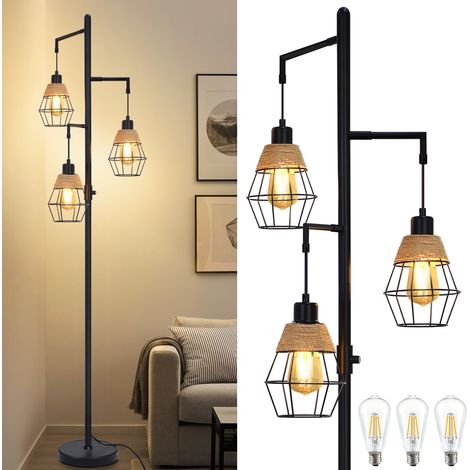 ROSNEK Industrial Stehlampe 3-flammig E27 dimmbar Vintage Leselampe 168 cm mit 3 LED Leuchtmitteln Schwarz (1/5)