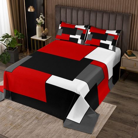Couvre-Lit 260x240 Rouge Noir Carré Blanc,Dessus de Lit Géométrique,Couverture de Lit Plaques de Patchwork,Jetés de Lit Art Moderne avec 2 Taies d'oreiller 51x75cm (1/4)