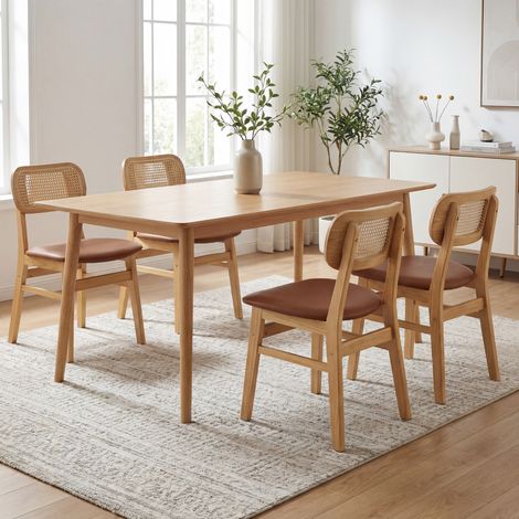 Wahson Lot de 6 Chaises en Cuir PU, Chaises Salle à Manger en Bois Chaise Rotin Chaise de Cuisine Confortable Pour Cuisine/Restaurant,Cuir PU, Marron (1/4)