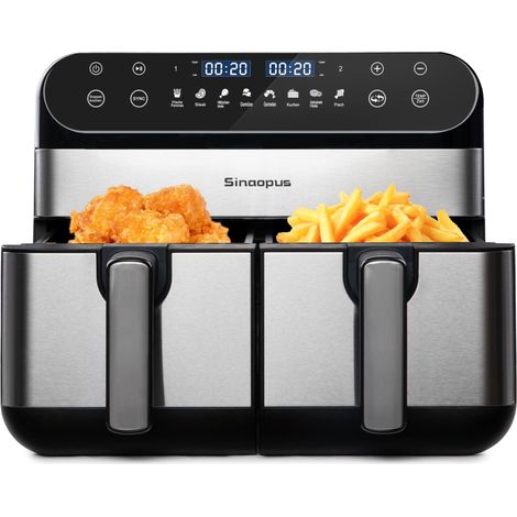Friteuse à air XXL 10 L à double zone pour les familles, avec écran tactile LED, minuterie et température réglables, 8 fonctions de cuisson